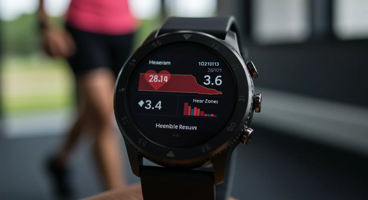 Smartwatch display showing detailed fitness and health metrics during an exercise session.