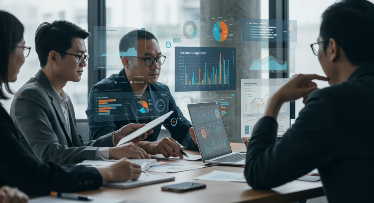 Team reviewing software usage data and license compliance on a dashboard.