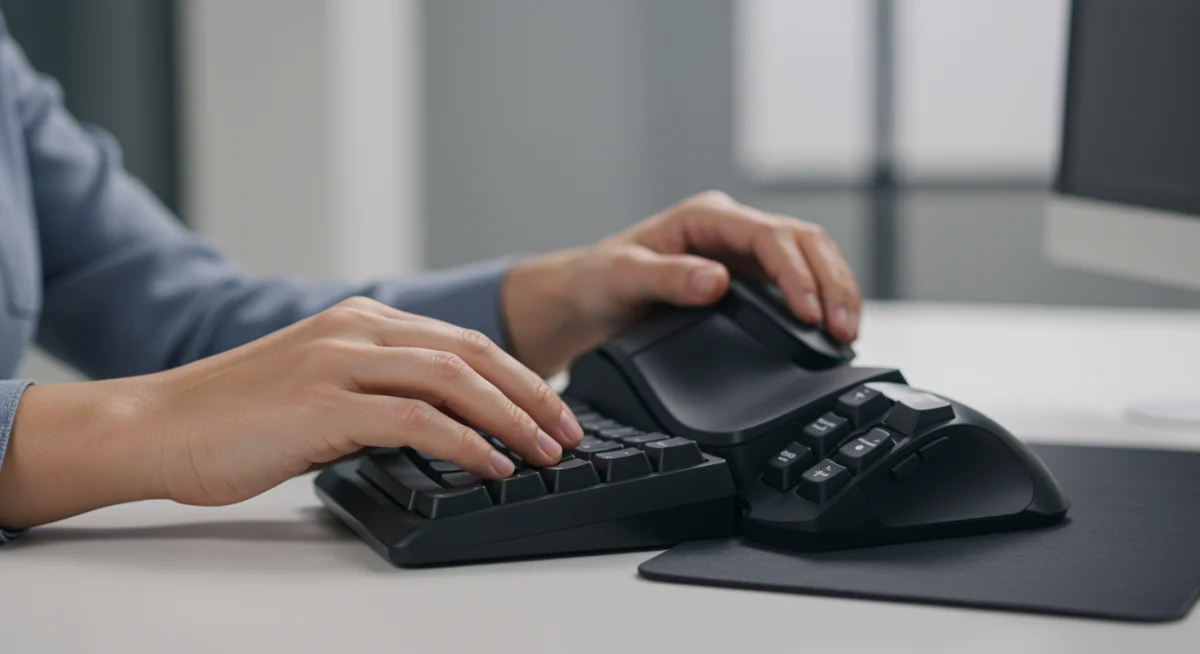 Hands using split ergonomic keyboard and vertical mouse with proper posture