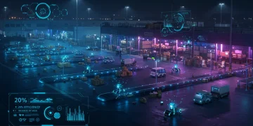 Swarm robotics optimizing logistics operations in a futuristic warehouse.