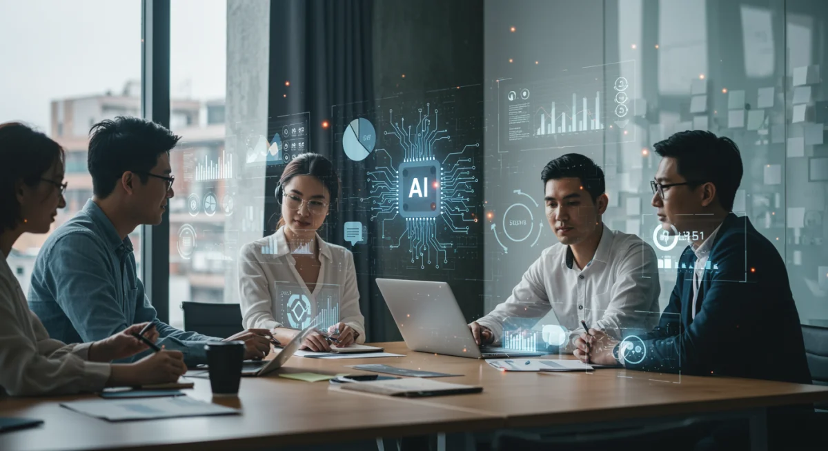 Team collaborating with AI-driven analytics dashboards