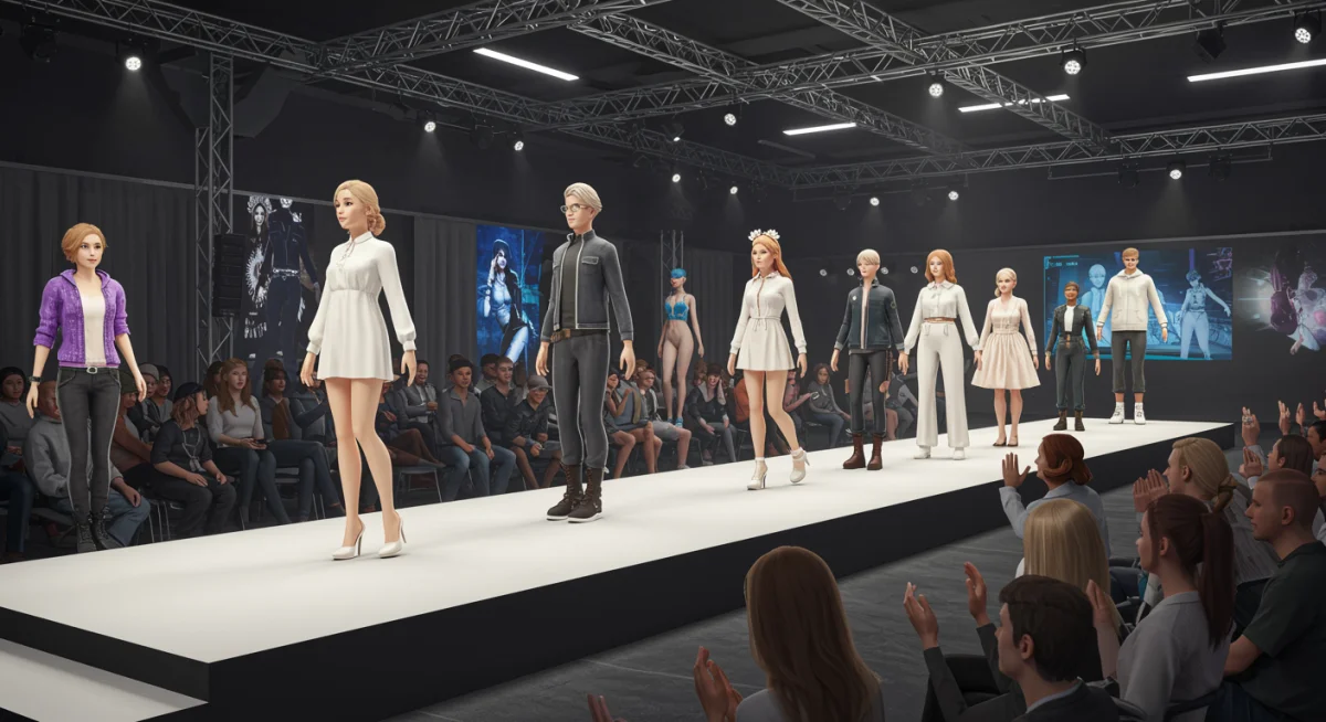 Virtual fashion show in the metaverse, featuring digital clothing and avatars.