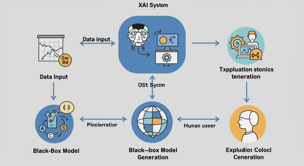 Infographic showing components and process of an Explainable AI (XAI) system with data flow.