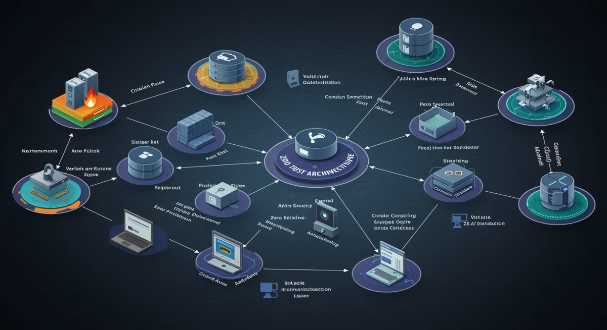 Complex network diagram representing zero trust architecture and cybersecurity layers