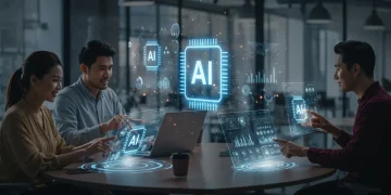 Futuristic marketing team applying AI strategies to boost customer engagement