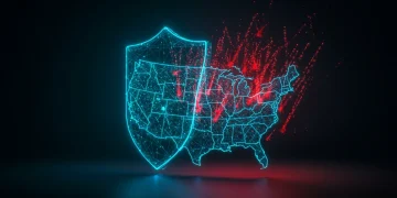 Futuristic AI shield protecting US data from cyber threats