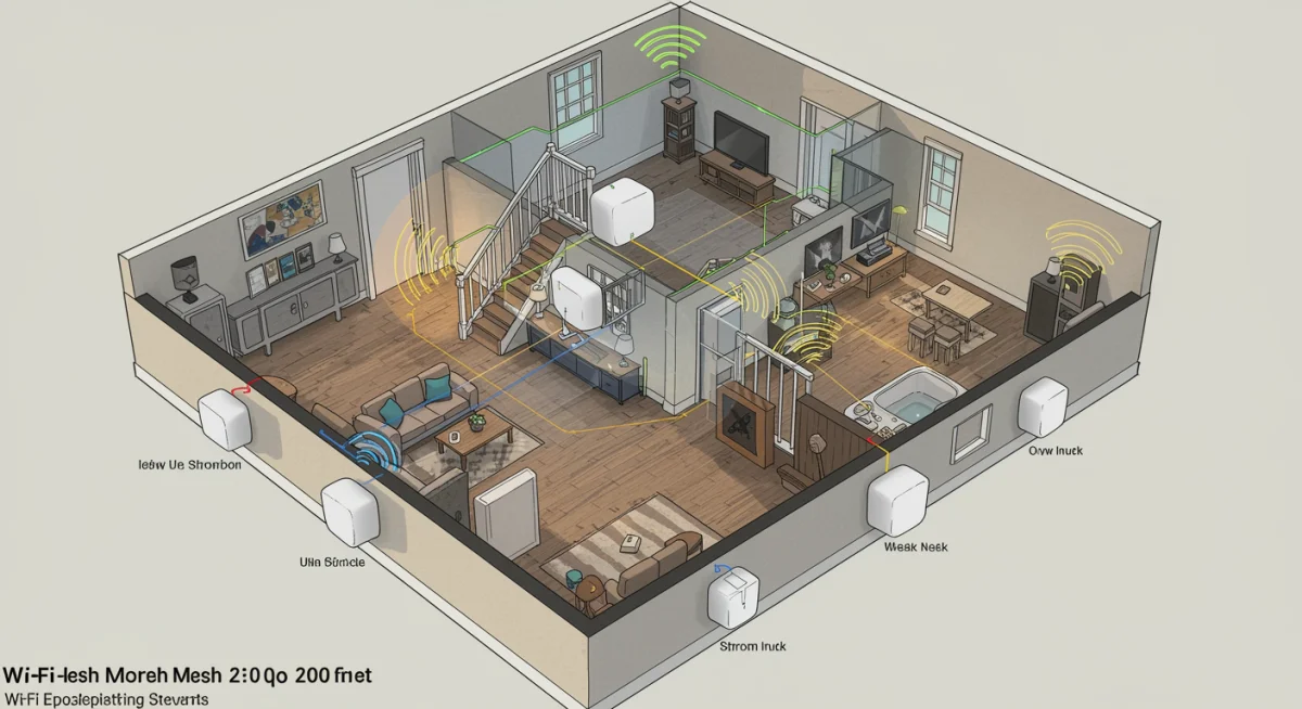 Diagram showing strategic placement of mesh Wi-Fi nodes for optimal coverage in a 2,000 sq ft home.