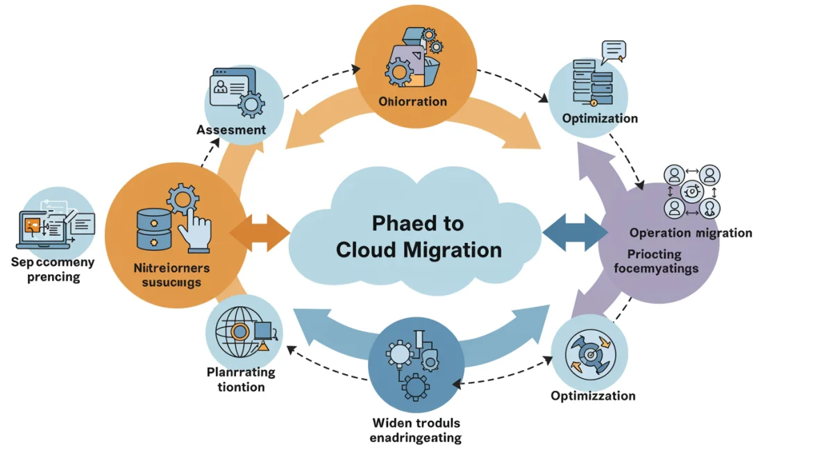 Phased cloud migration strategy diagram with assessment, planning, and optimization