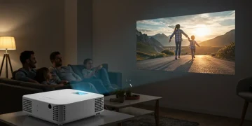 Family watching a movie projected by a portable 1080p projector
