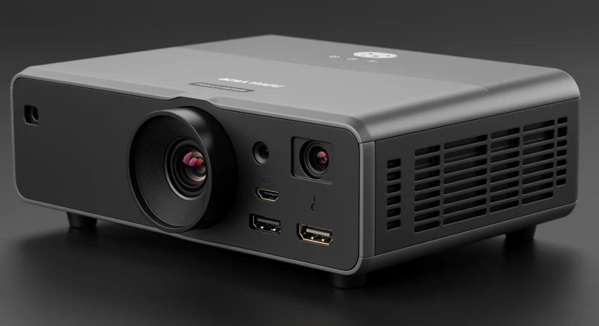 Close-up of a portable projector showcasing its lens and input ports