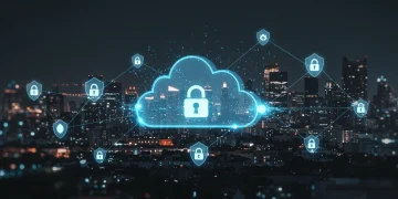 Secure cloud infrastructure with glowing digital shields, representing advanced SaaS security measures for US enterprises.