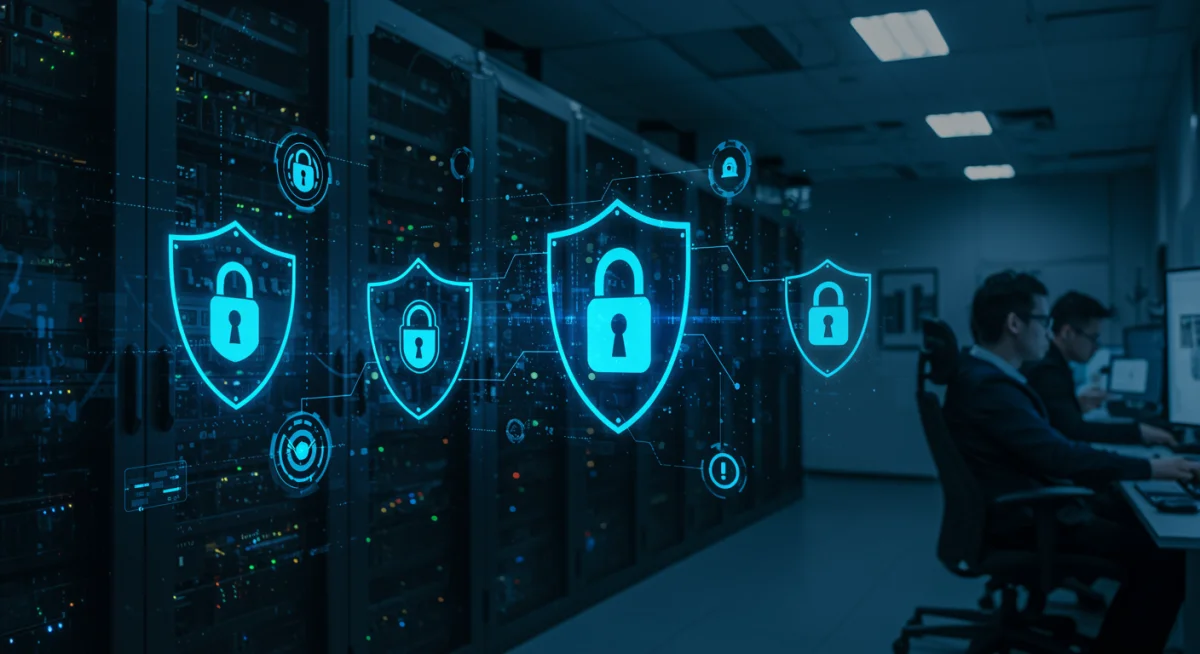 Cybersecurity operations center with data protection symbols, illustrating advanced threat detection and prevention.