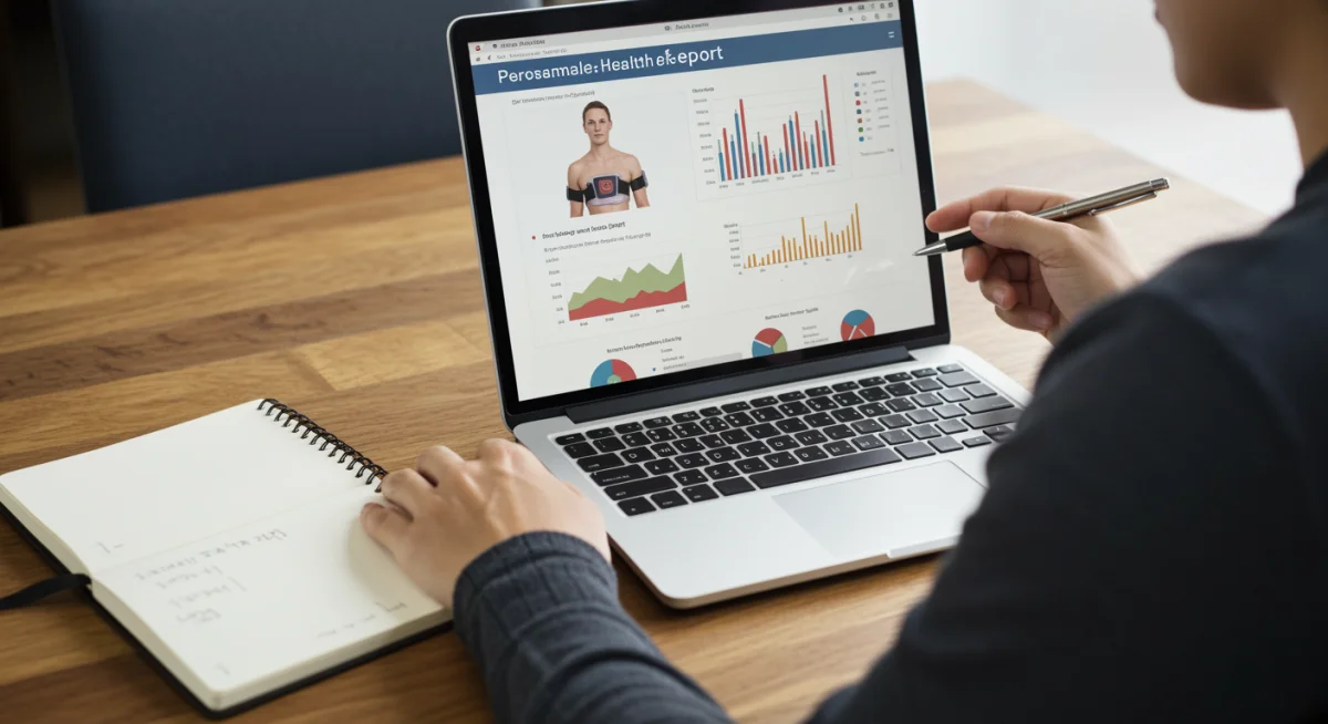 Individual analyzing a personalized health report on a laptop, derived from wearable data.