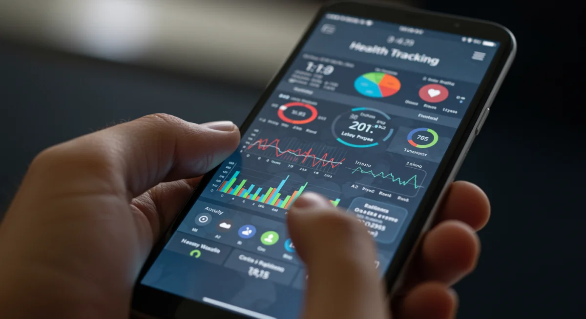 Smartphone displaying a health tracking app with detailed graphs of heart rate, sleep, and activity.
