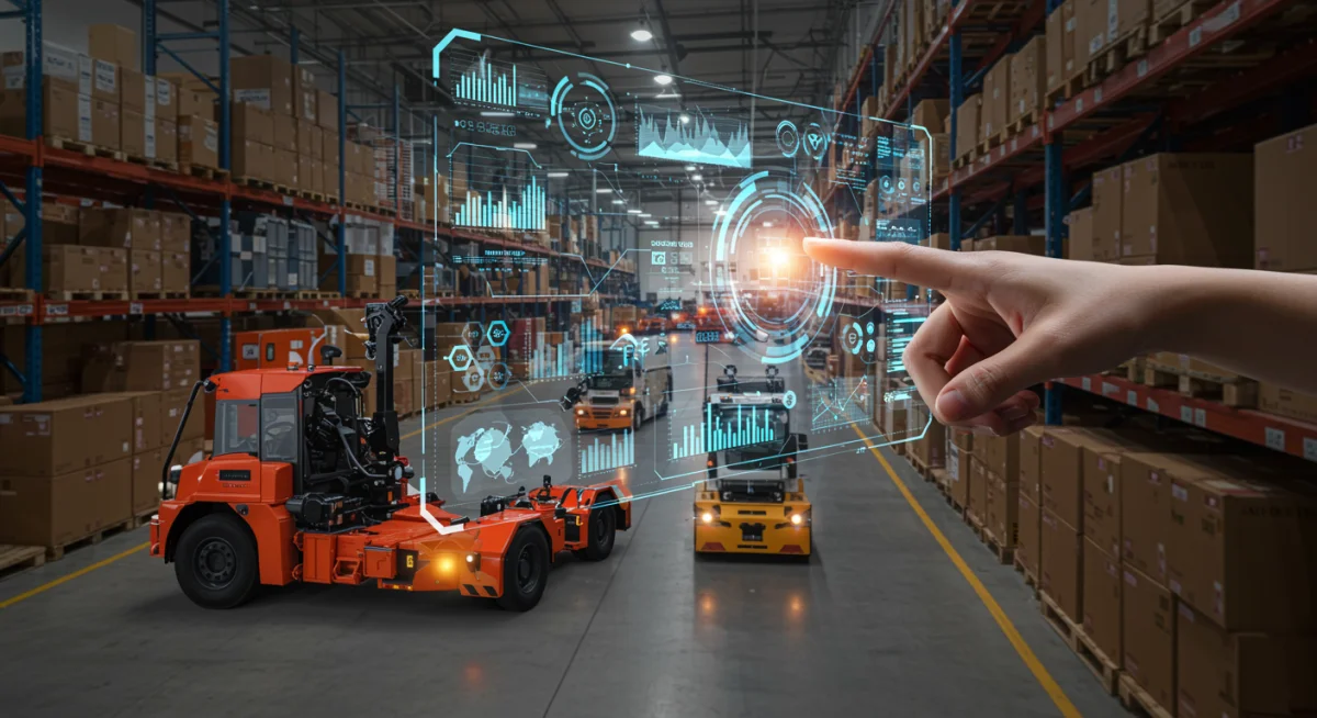 Holographic interface optimizing supply chain with AI, showcasing smart logistics.