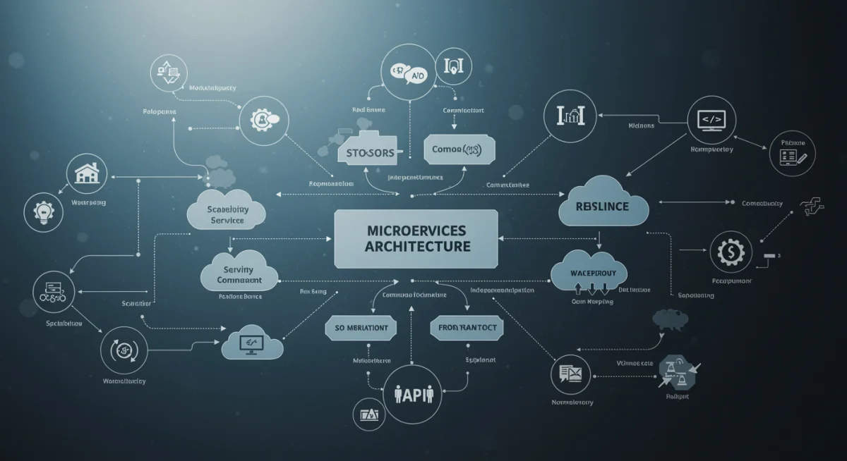Diagram of a microservices architecture, showing interconnected components and cloud integration for scalability.