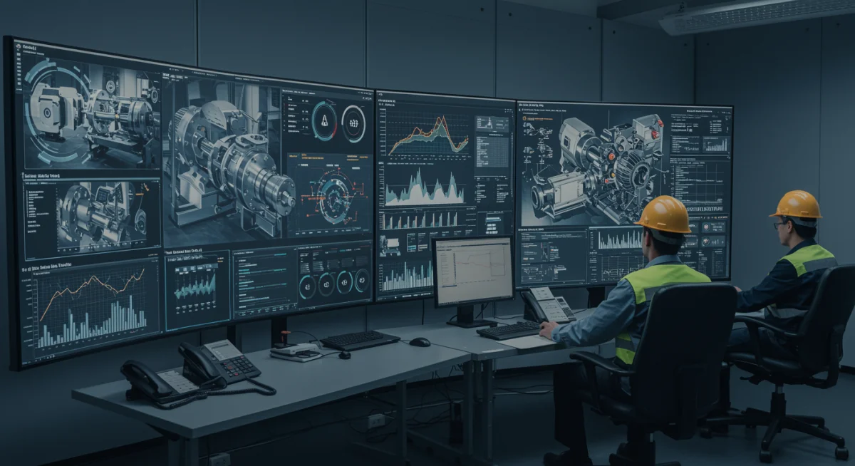 Engineers monitoring AI predictive maintenance data in a high-tech control room.