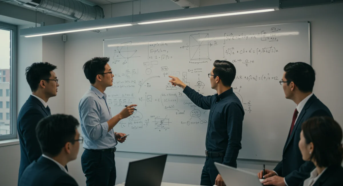 Team collaborating on quantum algorithms and business strategies