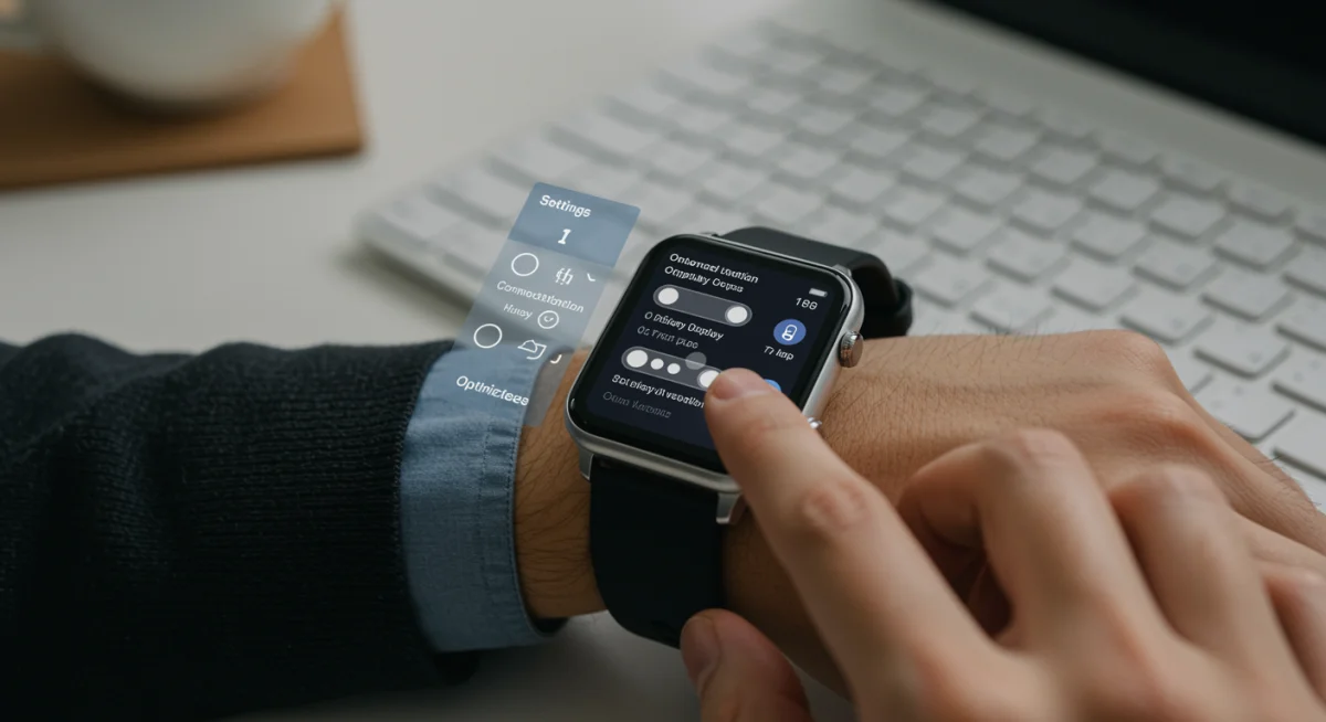 Hand navigating smartwatch settings to optimize battery life