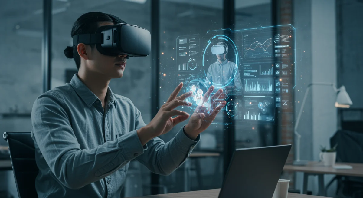 Professional using 2026 VR headset for virtual collaboration and productivity