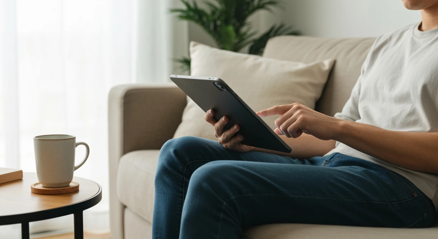 A person using a tablet on a sofa, illustrating narrow AI in daily life like content recommendation engines.
