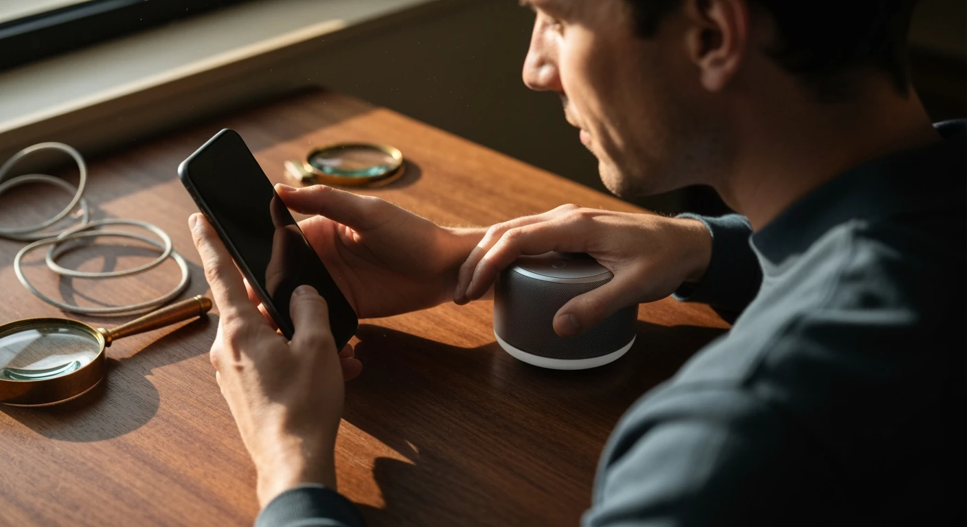 A person interacting with a dark grey smartphone and a smart speaker on a walnut desk, symbolizing AI in daily tech.