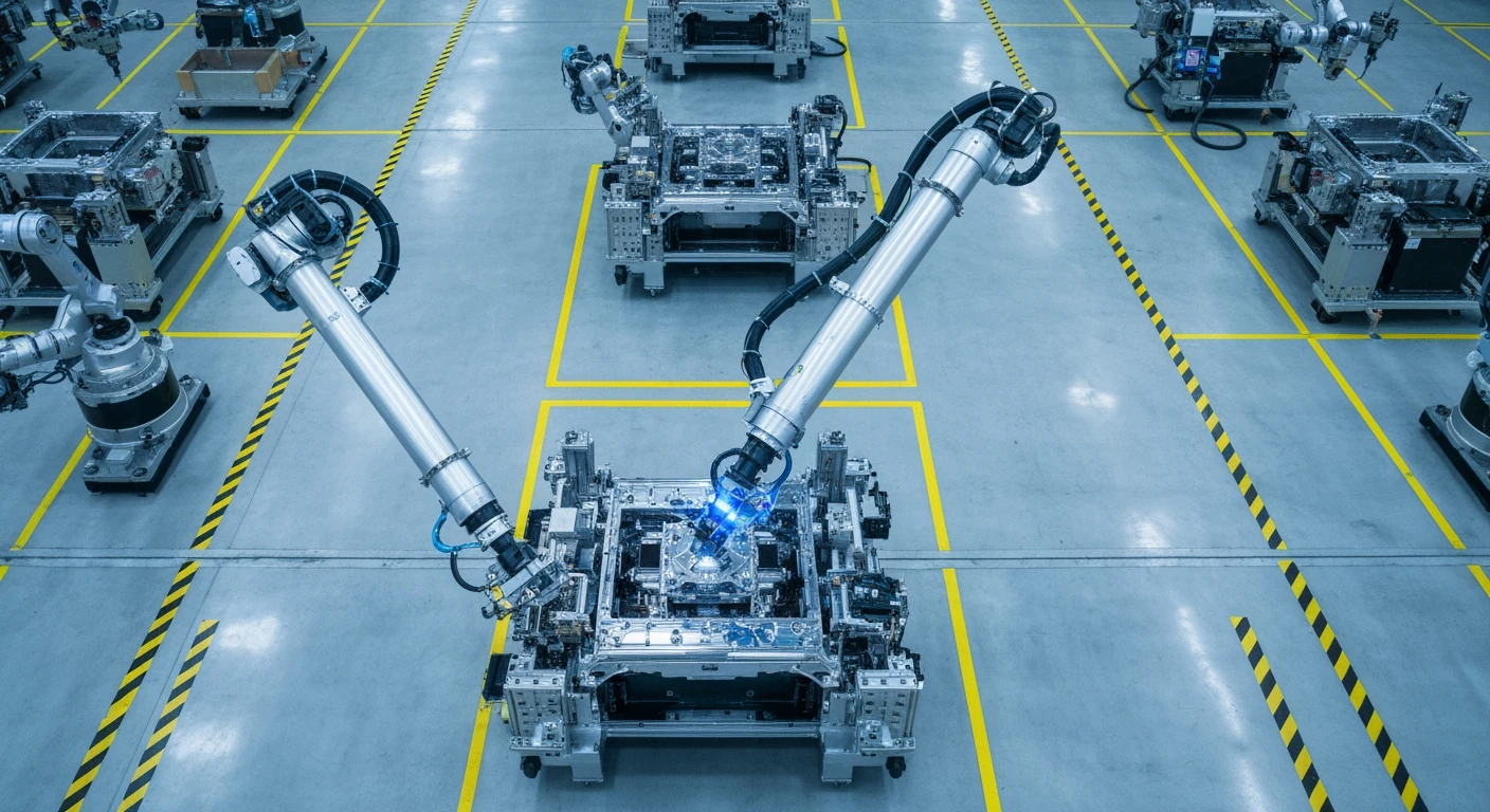 Aerial view of a futuristic AI-powered robotics factory floor, showing multiple robotic arms working collaboratively on an assembly line with precision, featuring clean industrial design and geometric floor markings.