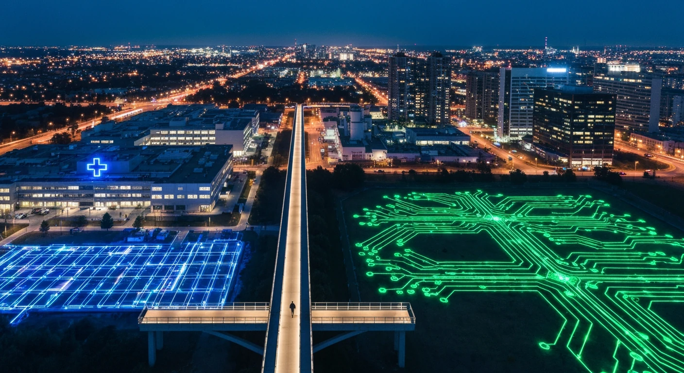 Aerial view of a futuristic cityscape at twilight, with glowing digital pathways highlighting AI applications in healthcare, manufacturing, and finance, showing widespread AI adoption.