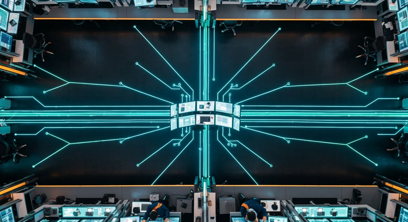 An aerial view of a data center floor with glowing geometric patterns representing machine learning, an engineer at a console.