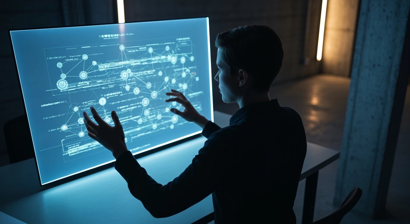 A technologist interacts with a glowing holographic display, illustrating the interconnected economic, social, and scientific forces driving modern innovation.