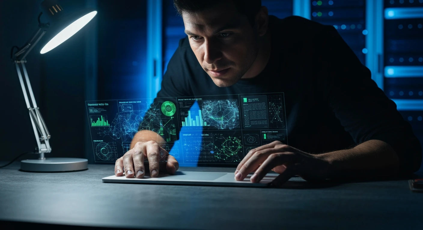 A software engineer observing intricate 3D data visualization on a desk, illuminated by dramatic chiaroscuro lighting.