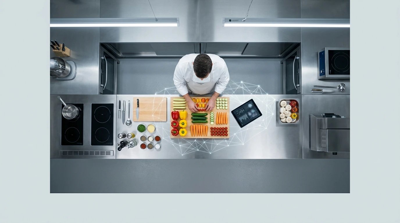 Aerial view of a modern test kitchen with a chef arranging geometrically patterned vegetables on a maple cutting board, subtly overlaid with glowing digital neural network pathways representing generative AI data processing.