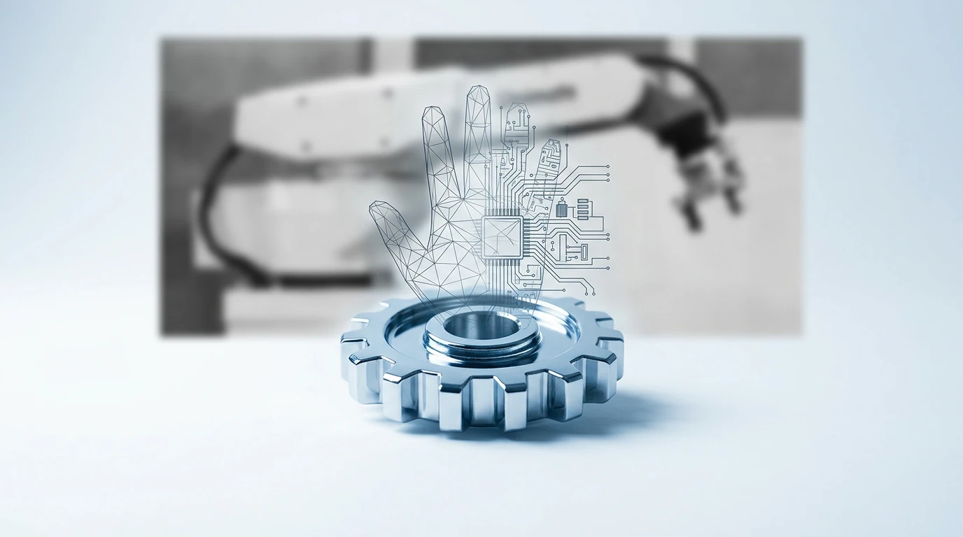 Conceptual image depicting the evolution of modern robotics, featuring a transparent wireframe hand, electronic schematics, and a blurred Unimate robot in the background, symbolizing the convergence of mechanics, electronics, and software.