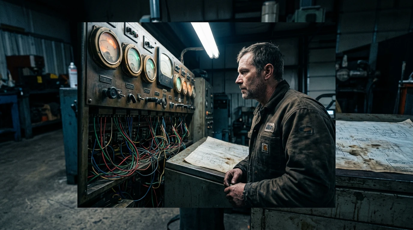 An engineer observes an industrial control panel, symbolizing the redefinition of value through digital innovation.