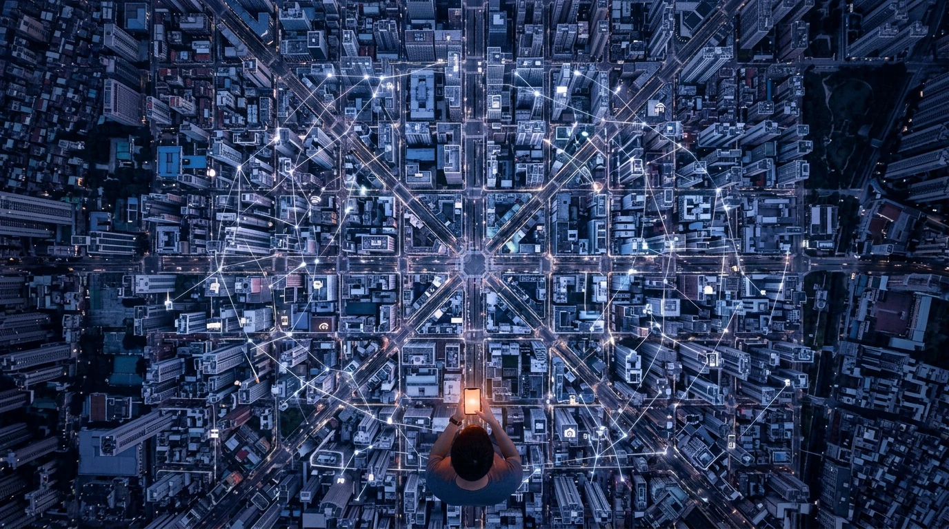 Aerial view of a city grid at dusk, overlaid with an illuminated digital network representing AI, with a person holding a glowing smartphone.