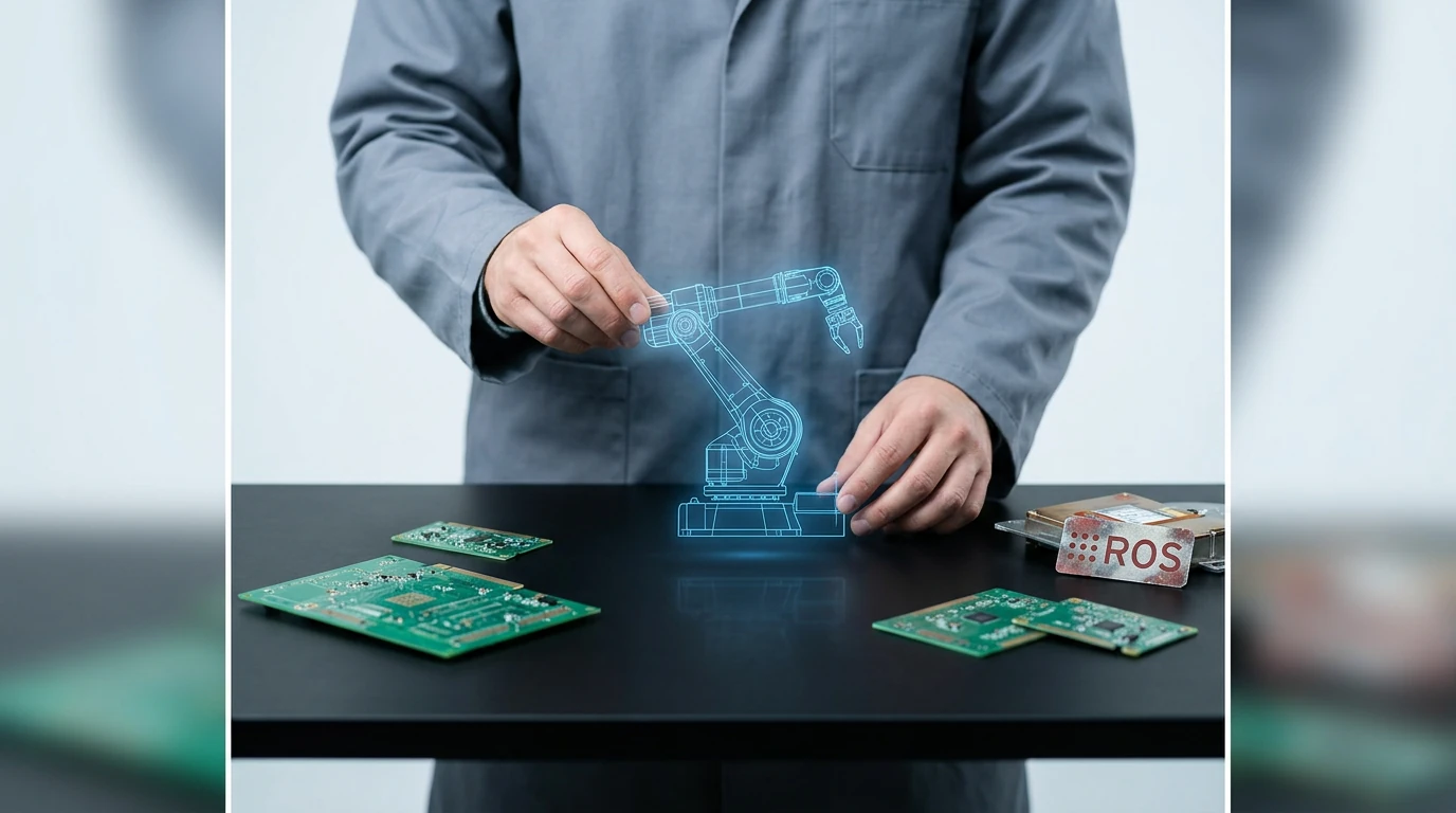 A person in a lab coat interacting with a holographic projection of a robotic arm, surrounded by circuit boards and a 'ROS' logo, symbolizing the software architecture of modern robotics.