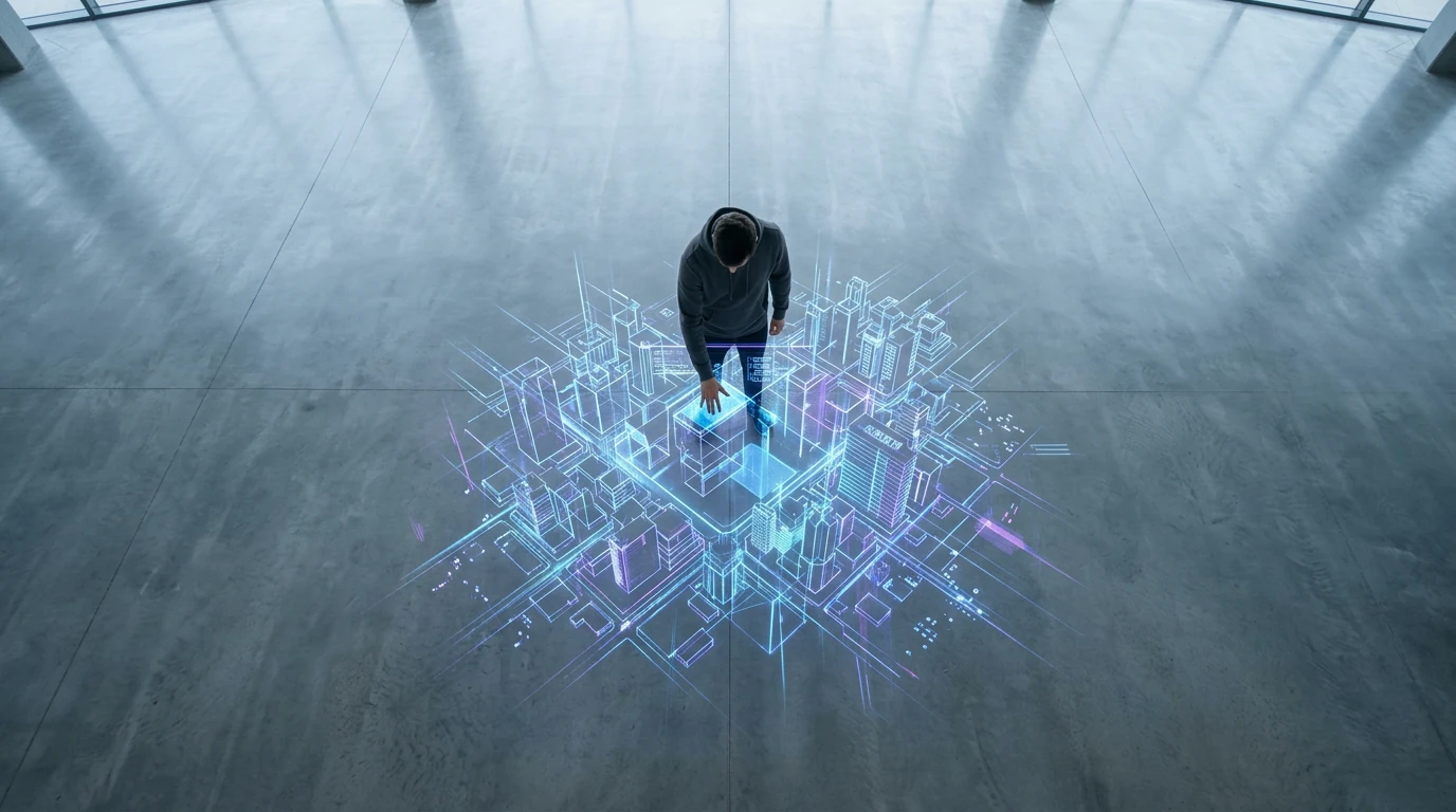 An aerial drone view of a young software architect interacting with a holographic 3D digital city model projected onto a polished floor, showcasing new digital value streams with interconnected glowing geometric shapes, symbolizing digital innovation.