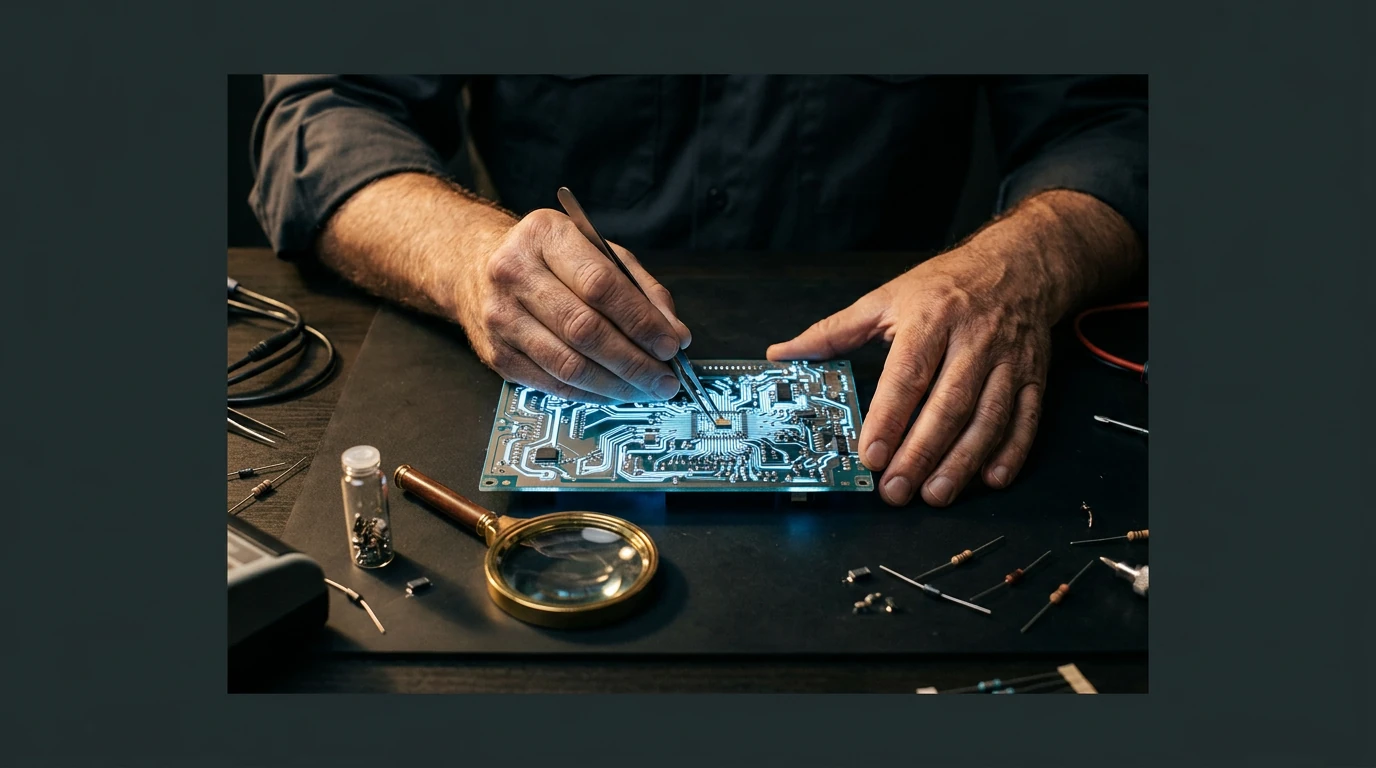 Close-up of hands interacting with a glowing circuit board, symbolizing the integration of machine learning and deep learning in AI systems.