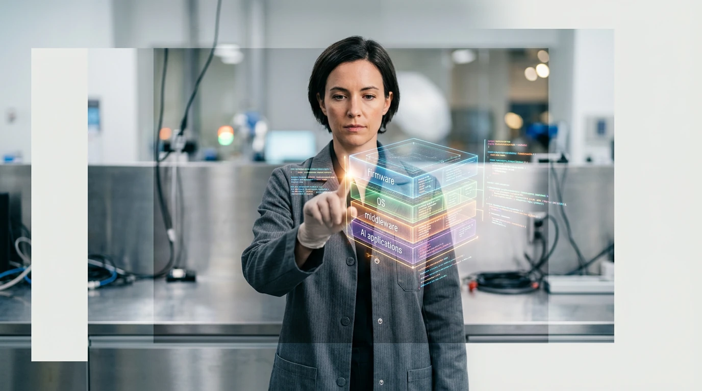 A roboticist gestures at a transparent holographic projection revealing the layered software architecture of a modern robot, from firmware to AI applications, symbolizing the intelligent core of robotics.