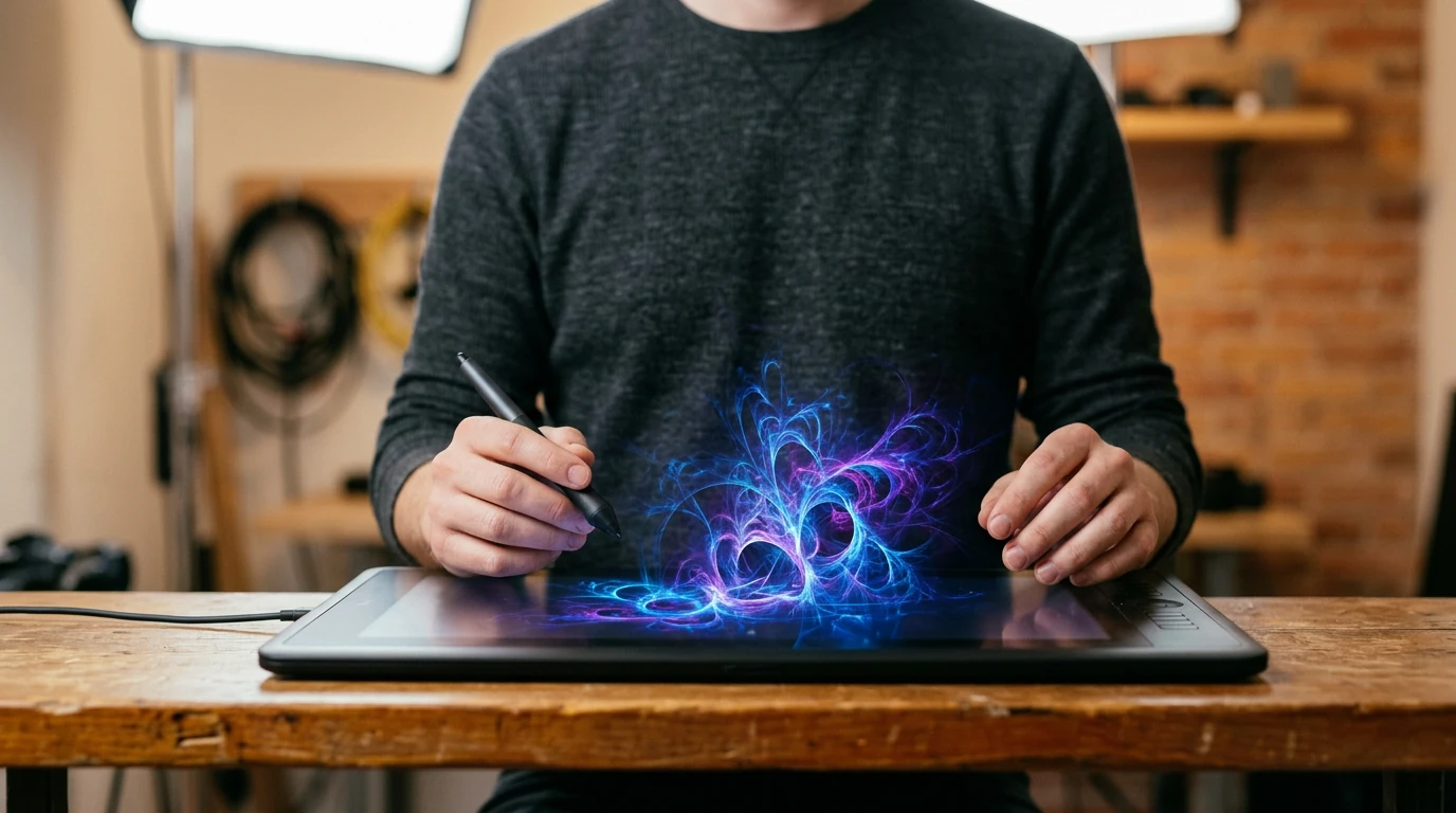 A person's hands hovering over a drawing tablet, displaying a dynamically generating fractal artwork, symbolizing Generative AI's creative capabilities.