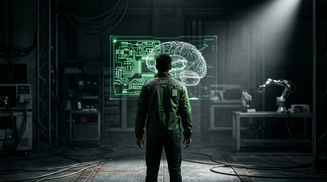 A roboticist observing a holographic projection of circuit board schematics over a human brain model, symbolizing the software intelligence driving autonomous robotics.