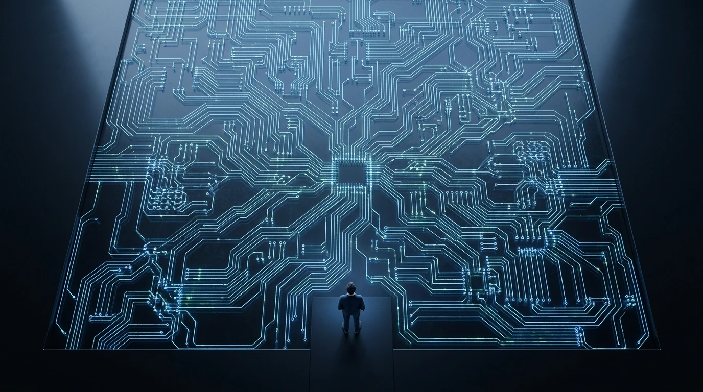 Aerial view of a human figure observing a glowing, interconnected neuromorphic chip, depicting advanced AI architectures and data flow.