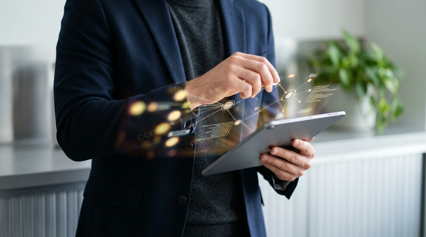 A person interacting with a holographic app ecosystem interface on a tablet, showcasing digital innovation and interconnected tech trends.