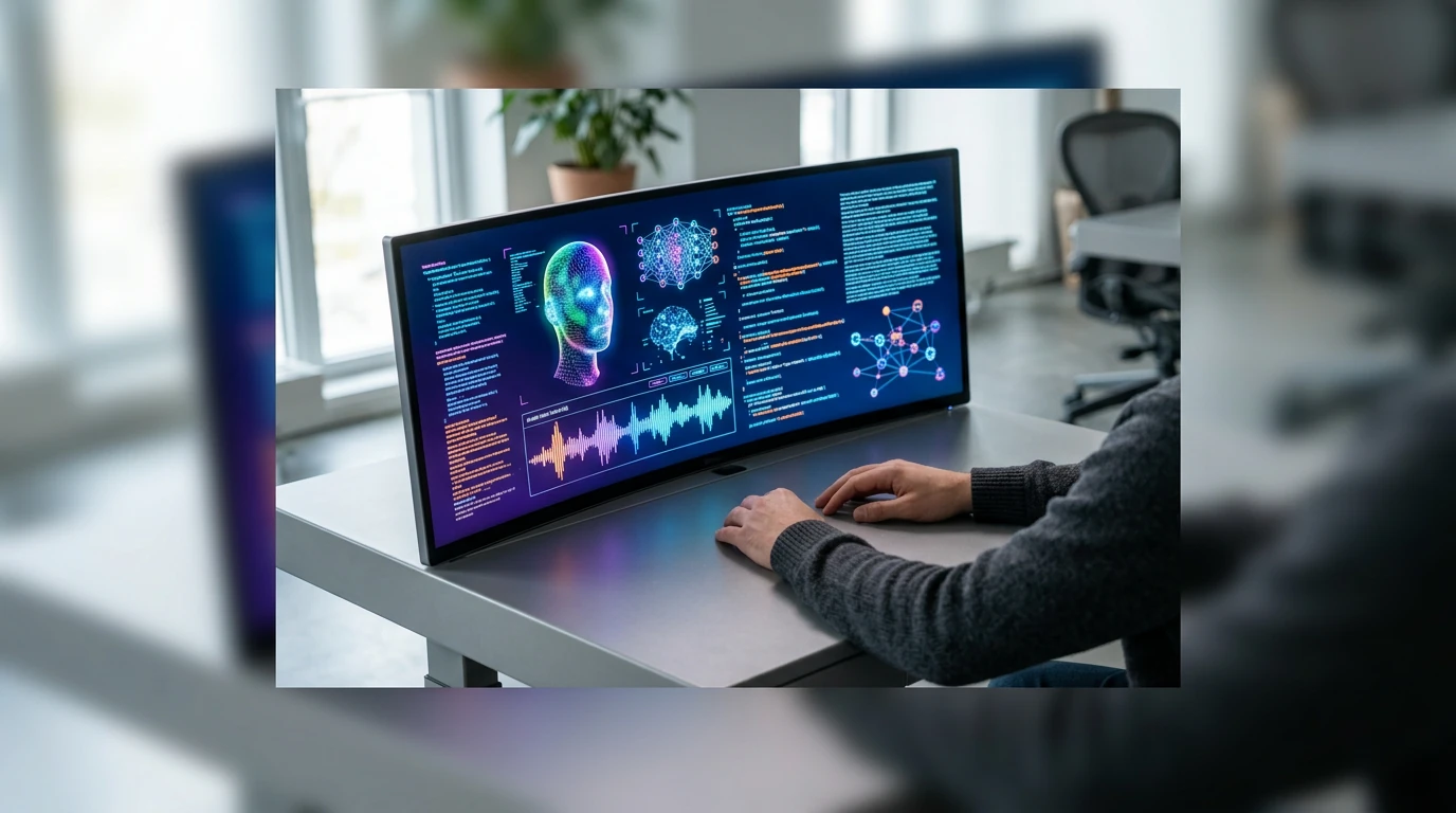 An individual working at a workstation with a multi-modal AI interface displaying interconnected 3D models, audio waveforms, code, and text data streams, symbolizing advanced generative AI capabilities.