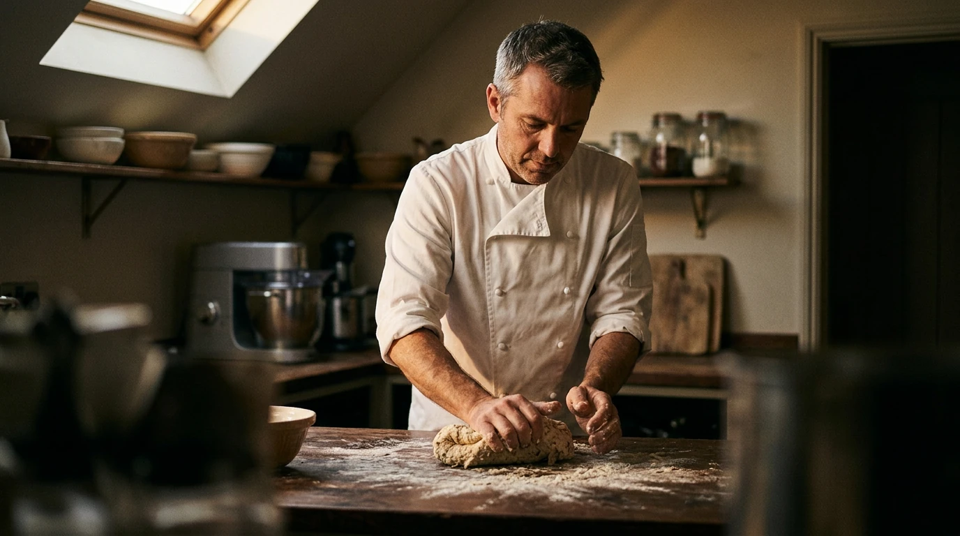 A seasoned chef, hands dusted with flour, expertly kneads swirling dough on a dark wooden counter, illuminated by dramatic, warm directional light in a rustic kitchen, symbolizing generative AI's creative process.