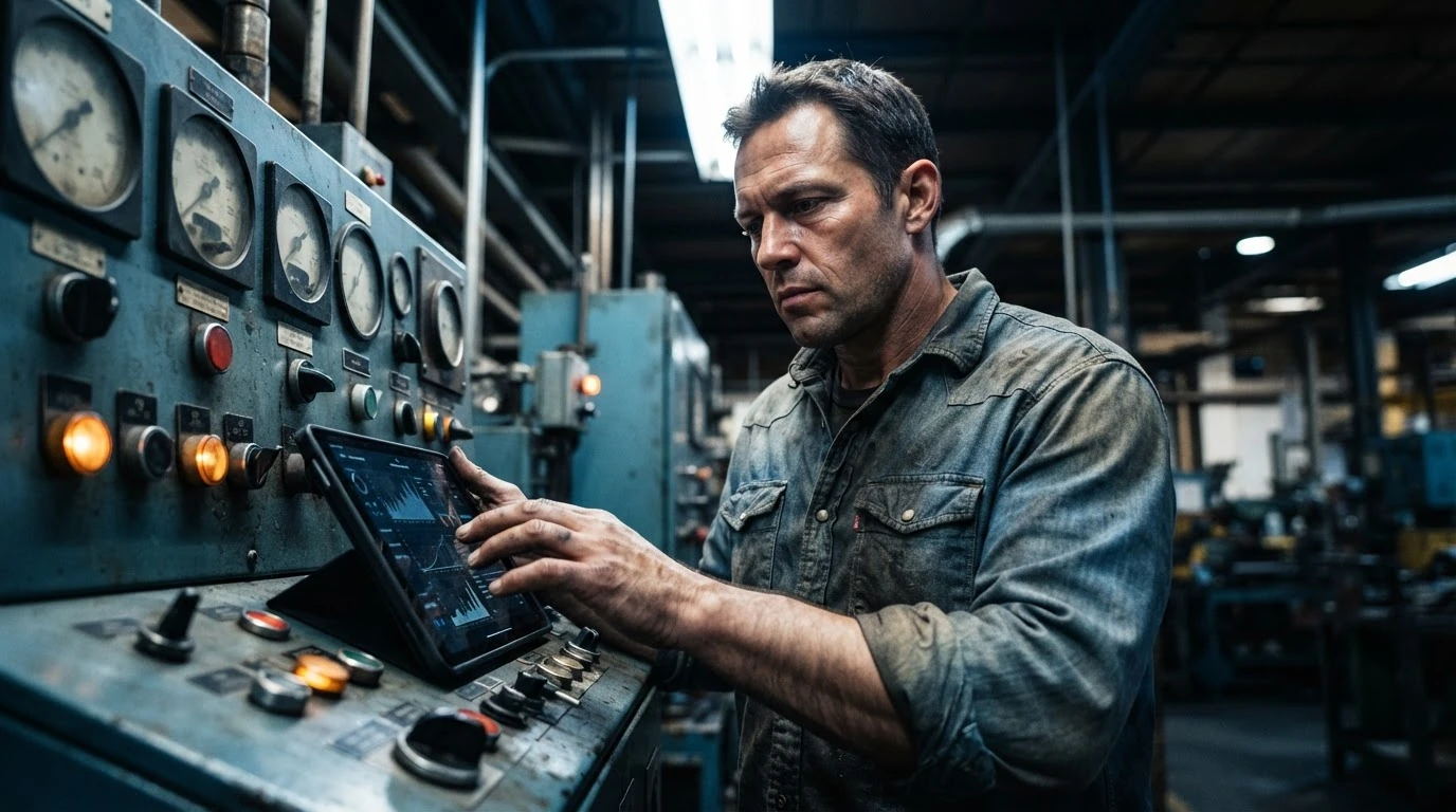 Factory technician in a worn denim shirt intently observing an industrial control panel while interacting with a sleek tablet displaying AI data visualizations, under harsh overhead lighting.