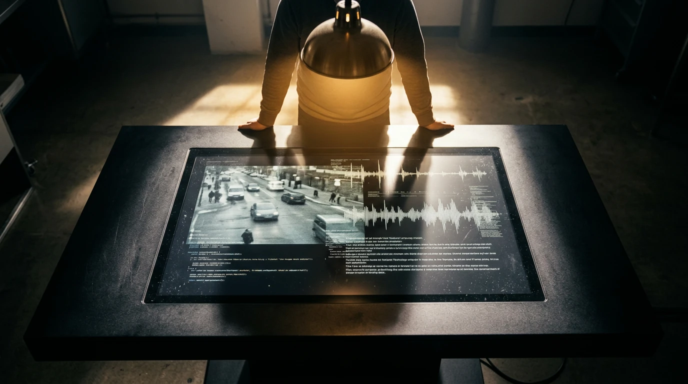 A person observing a large touchscreen displaying multimodal AI data streams: video, audio waves, and text analysis, under focused industrial lighting.