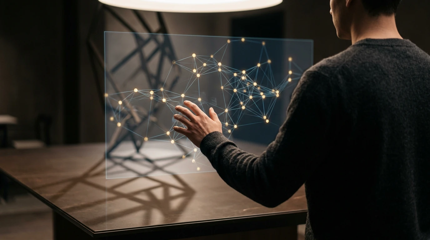 Person interacting with a holographic projection of an intricate, evolving 3D network of glowing golden nodes and cool blue lines, representing next-gen machine learning architectures.
